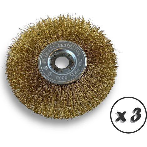 Lot de 3 brosses circulaires LAITON Ø 125 mm Epaisseur 1 rang Fil dur 0.30 mm ondulé Alésage 16 mm Touret meuleuse affûteuse ponceuse Brossage décapage polissage Kibros 214126LTx3 (1/5)