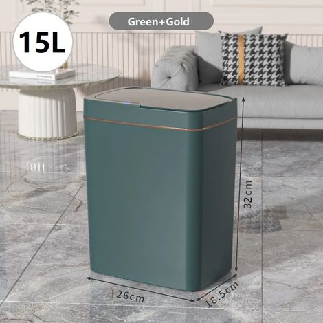 Poubelle automatique à capteur intelligent (15 L, batterie verte et dorée), étanche, à fente étroite (1/5)