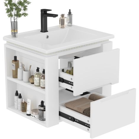 Armoire de salle de bain murale 61×46×48,5 cm, finition laquée complète, éclairage LED à capteur radar, 2 tiroirs, glissières silencieuses, 2 étagères latérales, lavabo avec vasque intégrée, blanc