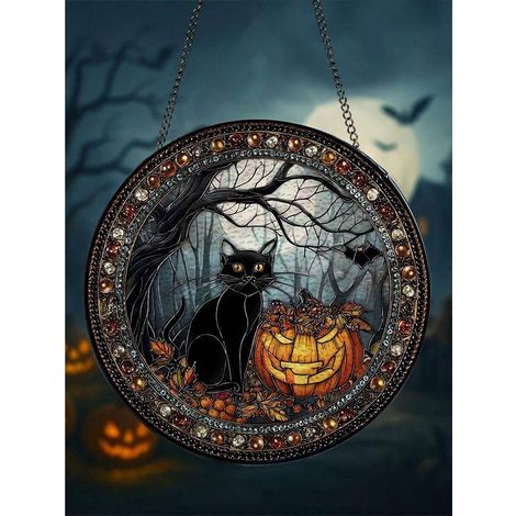 Buntglas-Sonnenfänger mit schwarzer Katze, Halloween-Dekoration mit Kürbis und Hexe, 9 cm (1/5)