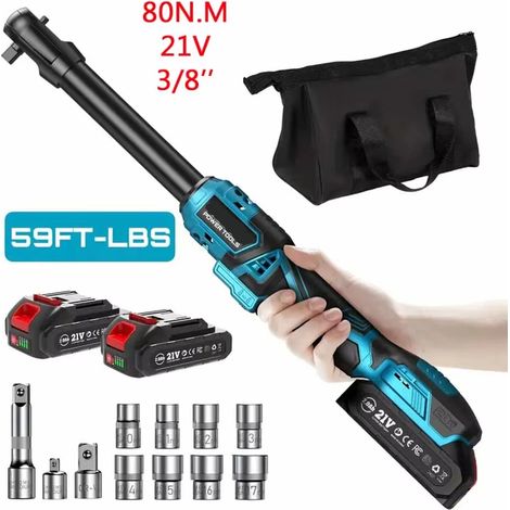 Clé à cliquet électrique 21 V – 80 Nm – 3/8 pouce – Angle droit rallongé – Rechargeable – Auto entretien (1/5)