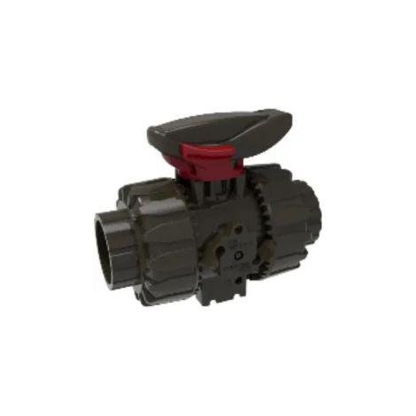 Valvola a sfera a doppio bocchettone in PVC HTA da 32 mm di diametro.