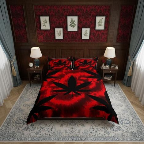 Bettwäsche-Set Cannabisblatt Rot Schwarz Tie-Dye 135x200cm Mikrofaser mit Reißverschluss