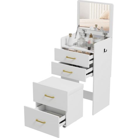 Coiffeuse 3 en 1 avec miroir, tabouret, 3 tiroirs, plateau en verre, coussin rembourré, dimensions 48x40x90 cm, blanc (1/5)
