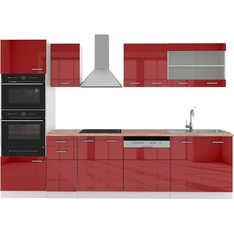 Mueble de cocina R-Line, Burdeos brillo intenso/blanco, 300 cm con armario alto, ET Roble, Vicco