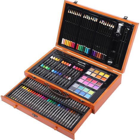 Coffret artistique bois pour enfants : crayons de couleur, pastels à l'huile, bâtons de peinture, fournitures de dessin et peinture, cadeau créatif (1/5)
