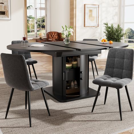 FLORAGRACE Table à manger 158x118x76 cm en MDF noir extensible 5 pièces avec 4 chaises en tissu, rangement intégré, style moderne (1/5)