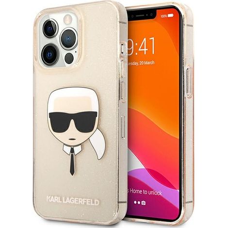 Custodia per iPhone 13 Pro con testa di Karl Lagerfeld glitterata color oro (1/5)