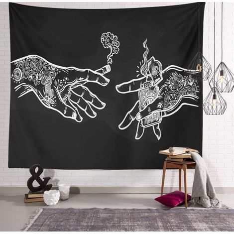 200 × 150 cm großer Wandbehang mit weißen und schwarzen Blumenhänden, witziger, psychedelischer Hippie-Boho-Wandteppich, bedruckter Stoff als Dekoration (1/5)