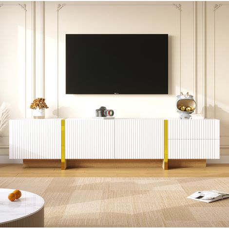 Mueble para TV de MDF y tablero de partículas blanco y dorado con veta de madera, 190 x 35 x 45 cm, 2 cajones y 3 puertas (1/5)