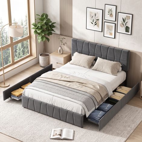 Superaly Lit double capitonné 160x200cm avec 4 tiroirs, Tête de lit réglable, Style scandinave moderne, Rangement optimisé, Sommier à lattes, Adapté aux adultes et adolescents,Velours, Gris (1/5)