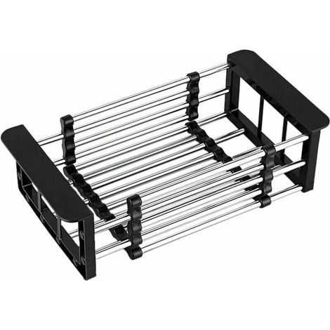 Drain basket, draining rack for the sink, telescopic draining rack made of stainless steel, for washing dishes in the kitchen sink, for draining fruit and vegetables (black, S)