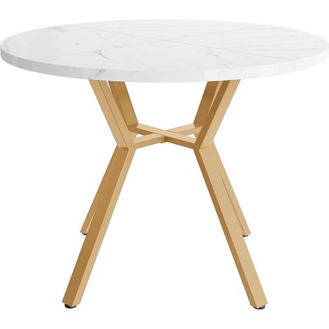 Tavolo da pranzo rotondo moderno effetto marmo 100 cm con base metallica a X oro (1/5)