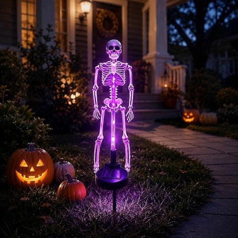 Guirlandes lumineuses solaires squelettes d'Halloween pour l'extérieur, LED violettes à piquer au sol, étanches, pour pelouse, cour, jardin et terrasse. (1/5)