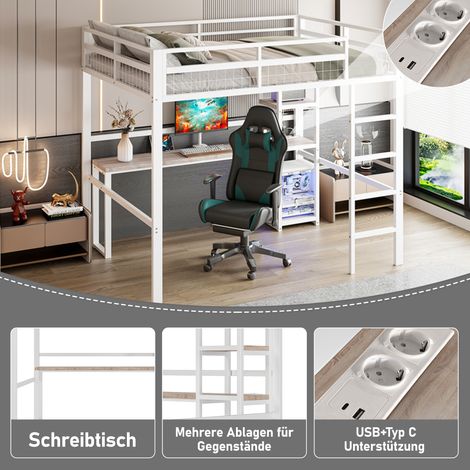 Lit minuit,140 x 200 cm,cadre en fer,plusieurs étagères,bureau avec prise,avec USB type-C,rampe,escabeau,sans matelas,blanc