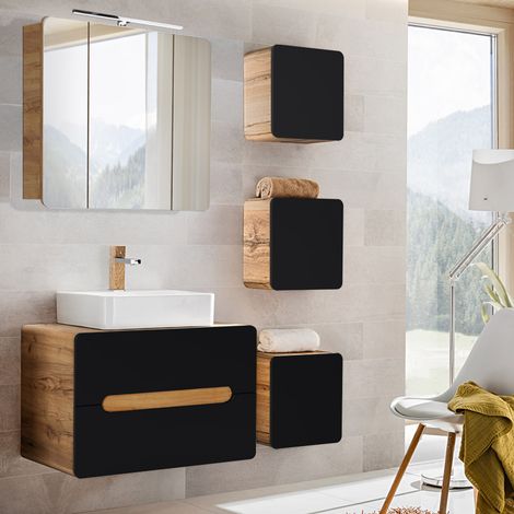 Badmöbel-Set seidenmatt anthrazit mit Wotaneichn NEW-LUTON Keramik-Waschbecken & LED-Spiegelschrank, B/H/T ca. 130/200/46 cm (1/5)