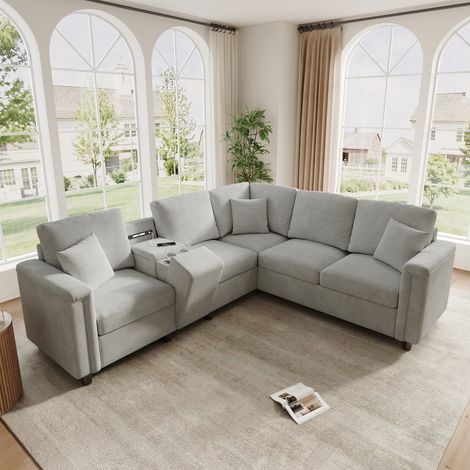 Canapé d’angle en L 5 places 235x208 cm, console centrale avec rangement, 2 porte-gobelets, USB/USB-C, liseuse intégrée, chenille gris clair (1/5)