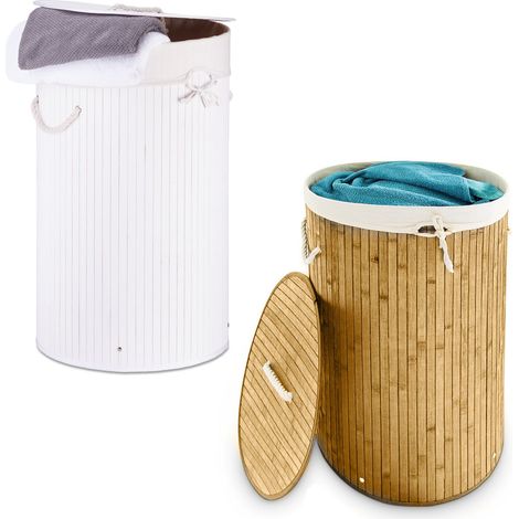 2x Set Cesto Porta-Biancheria, Rotondo, Pieghevole, 70L Volume, Ø 41 cm, Cotone, Portabiancheria, Naturale e Bianco (1/5)