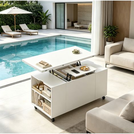 Tavolino sollevabile mobile 50.5x100x53 cm con ruote bloccabili, cassetto, scomparti, legno e metallo bianco (1/5)
