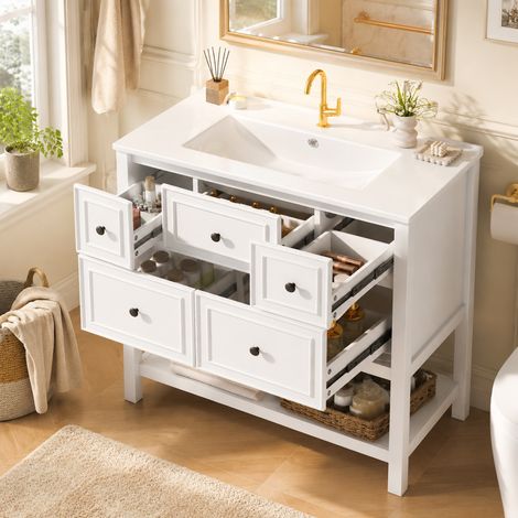 Meuble vasque sur pied - Lavabo en céramique intégré - 5 tiroirs - Compartiments de rangement ouverts (1/5)