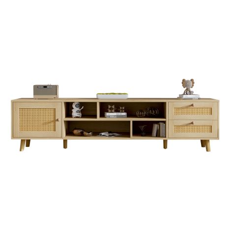 Meuble TV bois rotin 160cm rangement câbles 2 tiroirs 1 porte TV 70" (1/5)