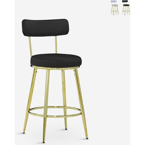 Taburete de bar y cocina de terciopelo con respaldo y patas doradas Kraven - Negro (1/5)