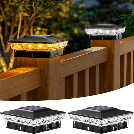 Set mit 2 Solar-Pfostenleuchten, 2 LED-Modi für Pfosten, IP65 wasserdichte Solarleuchten für 3,5x3,5 und 4x4 Zoll Holzpfosten, Warmweiß + Kaltweiß [Energieklasse E]