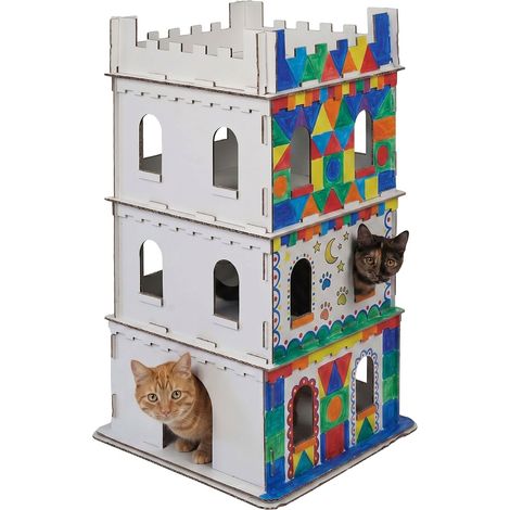 Relaxdays Cat Castle, 3 storeys, cardboard house for painting, slot-together design, HWD: 107.5 x 62 x 62 cm, white