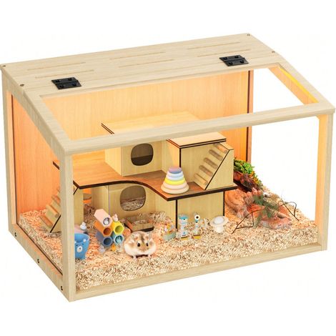 Bingopaw – Jaula para roedores con Luces LED – Jaula hamster Madera Integradas y ventana de vidrio templado – para Hámsters Enanos Jerbos y Animales Pequeños – 60x40x40cm