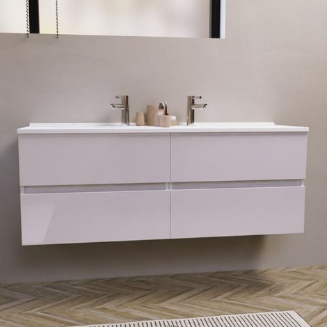 Cuisibane – Meuble double vasque 140 cm suspendu – Plan double vasque en résine – 4 tiroirs avec sortie totale – Fixations murales incluses