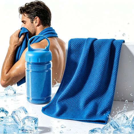 Serviette rafraîchissante avec étui – Utilisable partout tout moment, Une serviette rafraîchissante douce, absorbante, réutilisable pour le sport, le camping, le yoga et les fortes chaleurs (Bleu) (1/4)