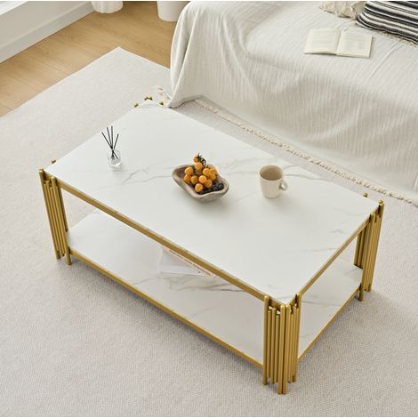 Mesa de centro rectangular 114x63,5x46,3 cm blanca y dorada, doble tablero, MDF y metal MEUBLIV (1/5)