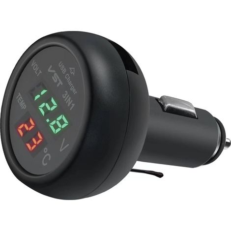 Accendisigari per auto 12V, caricatore per auto USB, caricatore per cellulare, voltmetro multifunzione 3 in 1, termometro (1/2)