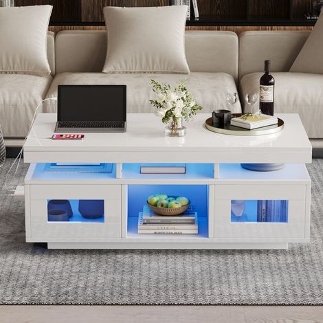 Table Basse Finition Brillante avec LED, Prise et USB - 100x50x43cm - Table de Salon avec Placards pour Bureau et Séjour - Blanc (1/5)