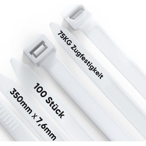 Colliers de serrage blancs 350mm x 7,6mm, lot de 100, résistance 75kg, UV, auto-bloquants (1/5)