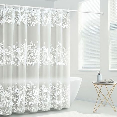 Rideau de douche transparent anti-moisissure et imperméable 180 x 200 cm blanc, motif floral, œillets magnétiques, résistant aux moisissures (1/5)