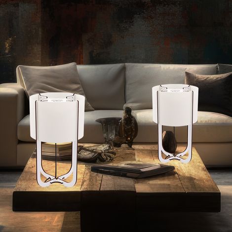 Tischleuchte Holz weiß Nachttischleuchte Textilschirm Beistellleuchte Tischlampe, MDF, LED 1,27W 110Lm 6500K, DxH 15x25 cm, 2er Set