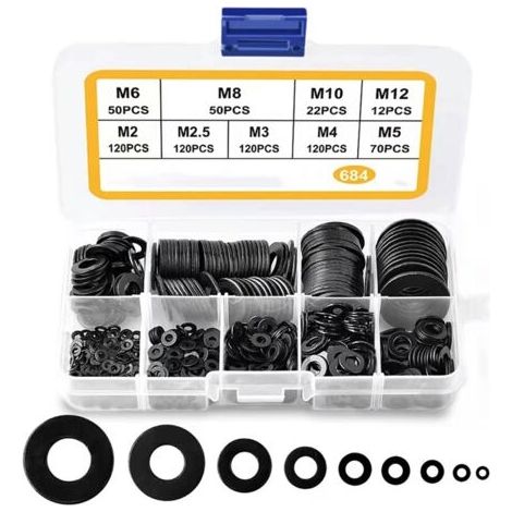 684 Pcs Rondelles Plates,M2 M2.5 M3 M4 M5 M6 M8 M10 M12 Rondelles Noires pour Gonds de Porte, Rondelles de Blocage Plates Métal, Rondelles Joint Plomberie Assortiment Kit (1/5)