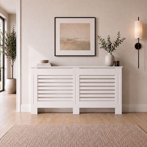 Radiator Cover Large White Modern Horizontal Slat MDF Cabinet with Display Shelf 1520x815x190mm (1/5)
