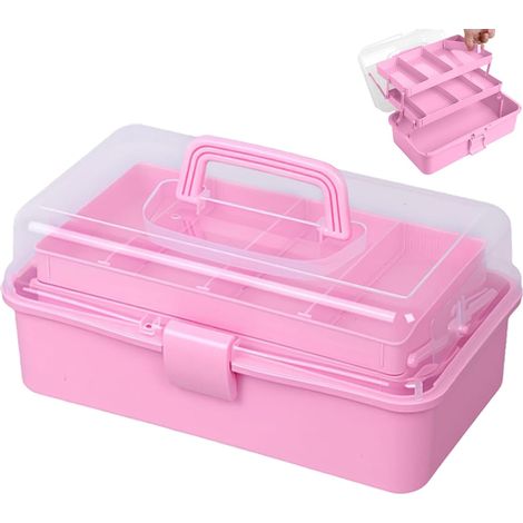 Coffret loisirs créatifs 32 cm, rose, 3 étages, plastique, tri avec couvercle, 33x18x14 cm (1/5)