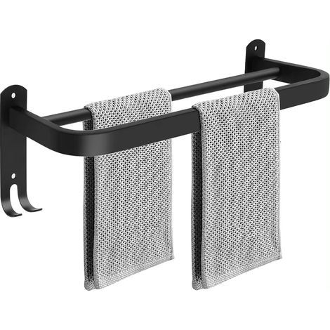 Porte-serviettes mural double pour salle de bain, noir, 30 cm, installation par perçage nécessaire. (1/3)