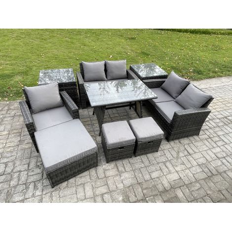 Fimous Garten Esstisch Set Polyrattan Outdoor Möbel Sofa mit Rechteckiger Esstisch Doppelsitz Sofa 2 Beistelltischen 3 Hockern Dunkelgrau Gemischt (1/5)