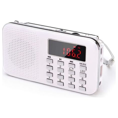 Petite radio portable rechargeable avec batterie rechargeable de 1 200 mAh et éclairage de secours, mini USB/SD/AUX (blanc) (1/5)