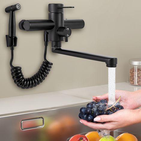 YISSALE-Wasserhahn mit Pistole, Wandanschluss aus Edelstahl, Küchenarmatur, schwenkbarer Spültischmischer für die Wand, Einhebelmischer, 360° schwenkbarer Auslauf, schwarz