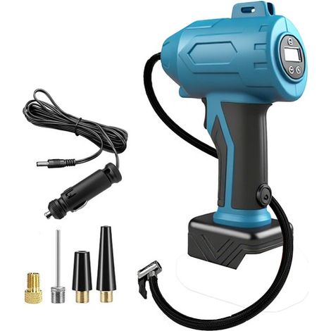 Gonfleur de pneus sans fil avec compresseur d'air, pompe à main portable avec batterie rechargeable et manomètre numérique, gonfleur de pneus électrique avec lumière LED et 4 embouts pour voiture, mot (1/5)