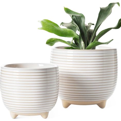 Keramik Blumentopf Set mit Füßen, 2er Pack Übertöpfe Weiß 12+16 cm, mit Drainage (1/5)