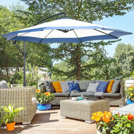 Ø3x2 m Gartenschirm mit Kreuzfuß, Kurbelöffnung und Belüftungsöffnung, asymmetrischer Terrassenschirm aus Metall und Polyester, Dunkelblau und Creme