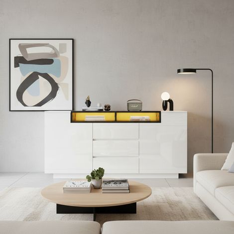 URBAN MEUBLE Buffet blanc brillant avec niche noire et éclairage LED 3 tiroirs 4 portes 140x60x48cm