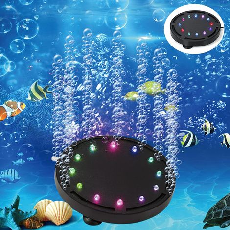 Lampe à bulles d'air pour aquarium de 12,7 cm (5 pouces) avec 12 LED, disque de pierre à air submersible multicolore pour aquariums et bassins. (1/5)