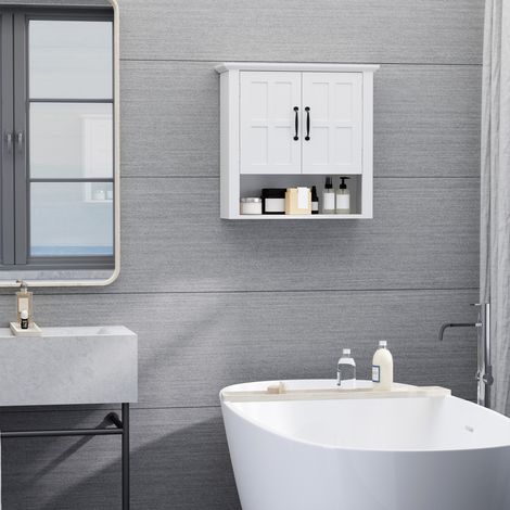 Armoire Murale pour Salle de Bain avec 2 Portes et Étagère Ouverte pour Toilettes Chambre Douche 60x19.8x58 cm Blanc